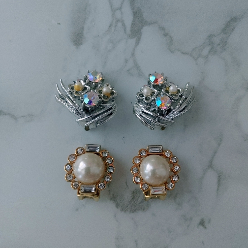 Vintage Crystal And Pearl Clip On Earring Bundle